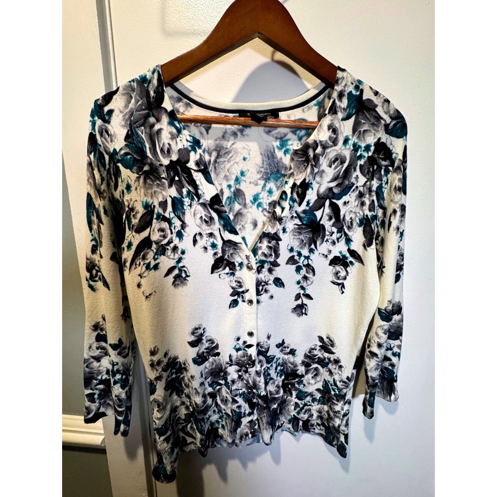 White House Black Market Floral Cardigan Cream Teal Grey Metallic Shimmer M